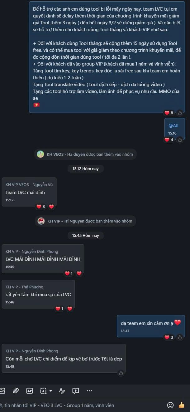 Phản hồi nhóm khách hàng VIP: rất yên tâm khi mua sản phẩm của LVC, team LVC mãi đỉnh