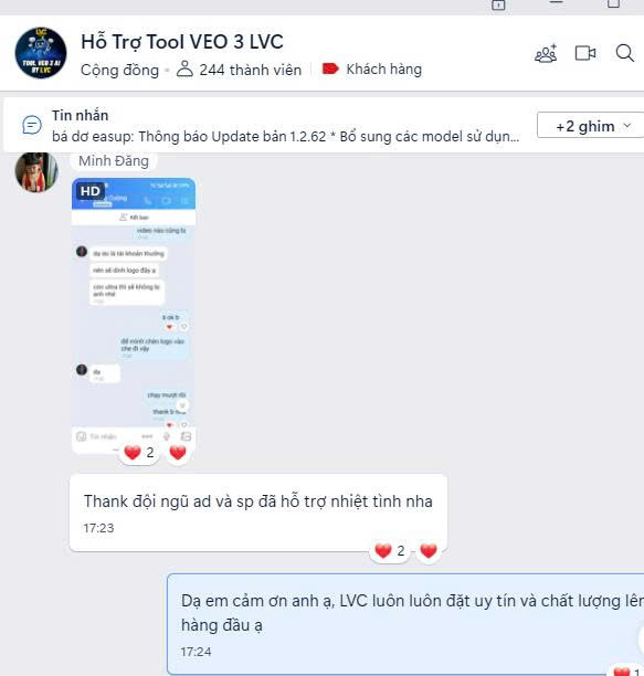 Khách hàng cảm ơn đội ngũ admin và sản phẩm LVC hỗ trợ nhiệt tình